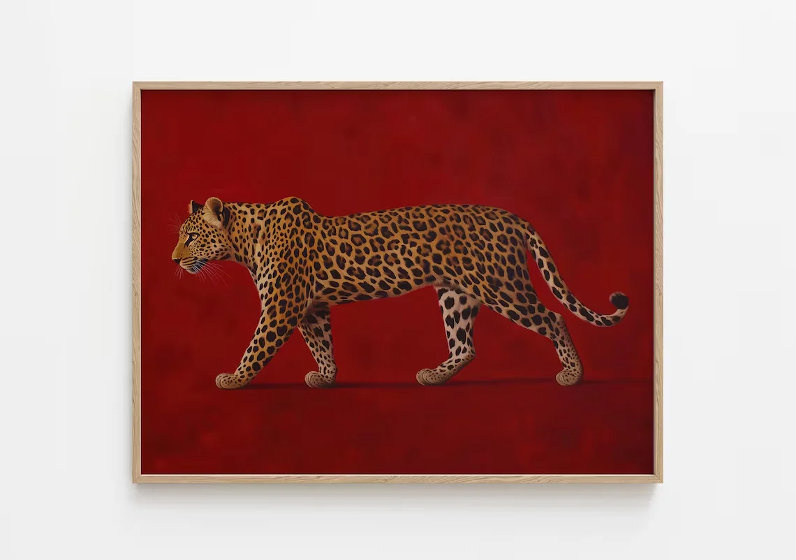 Pintura al Óleo de Leopardo Rojo - Póster Enmarcado, Arte de Pared Estilo Old Money, Obra de Arte Vintage Borgoña, Impresión