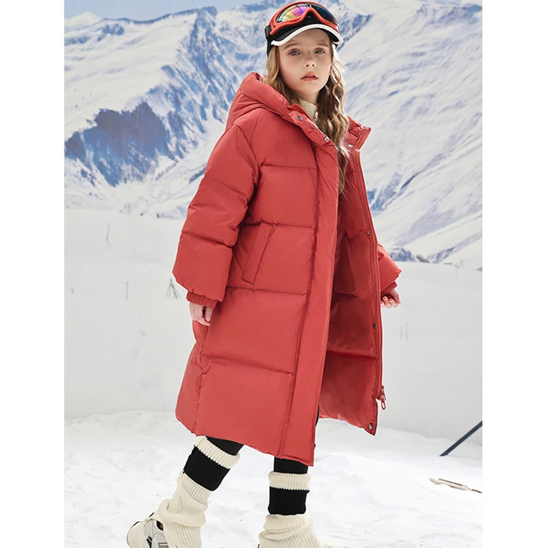 -30 ℃   سترة شتوية طويلة للفتيات بلون سادة معاطف سميكة ودافئة بقلنسوة للفتيات المراهقات من عمر 4 إلى 14 سنة بدلة ثلج عصرية من القطن