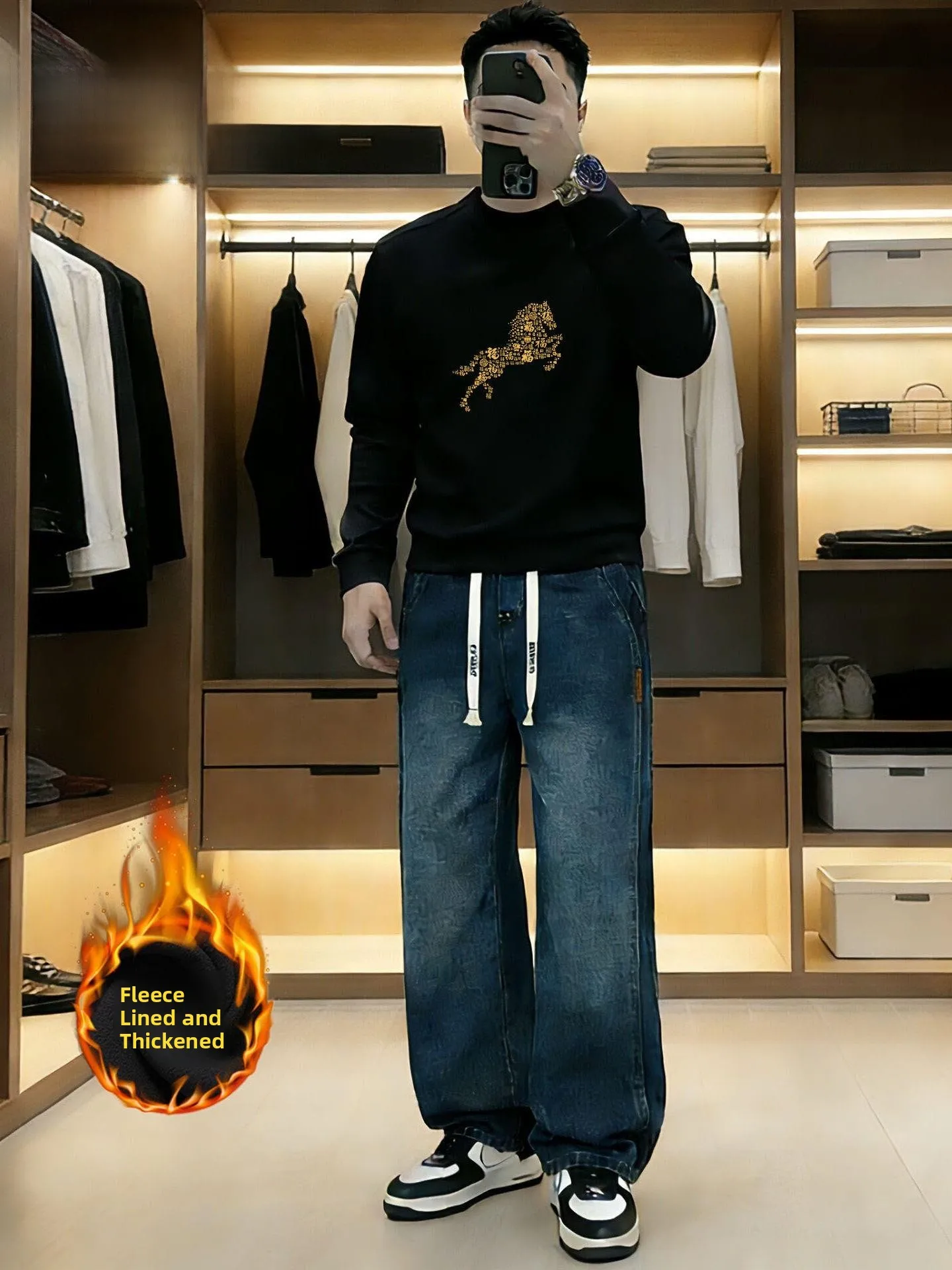 

Men's Fce Lined Denim Jeans Set round Ne Casual irt Autumn Winter New Sle Youth Long Sve Long Pants Faionable