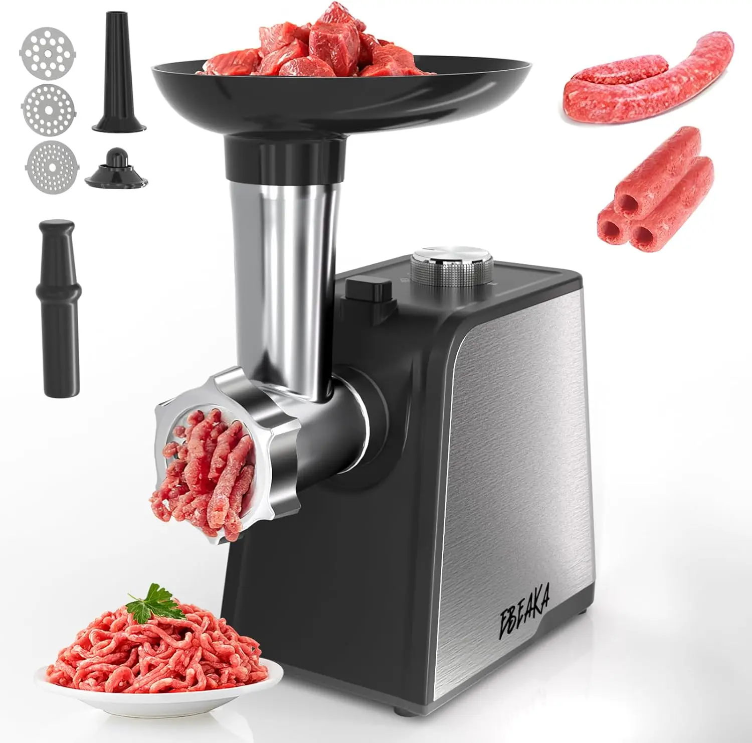 

Electric Meat Grinder & Sausage Stuffer - Heavy Duty Mincer with 3 Plates, Kubbe Kit & Stainless Steel Blades for