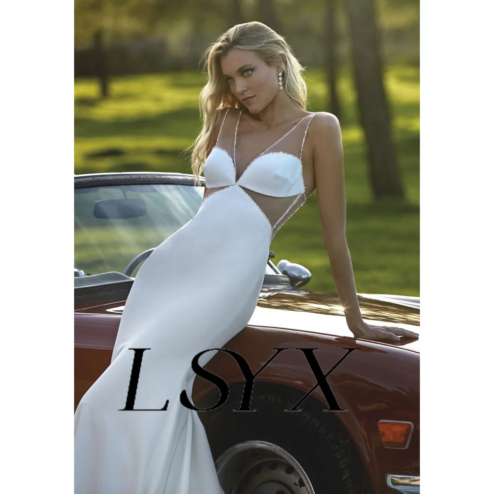 LSYX Simple Sweetheart Sleeveless Crepe Mermaid Wedding Dress For Women Illusion Back Sexy Floor Length Bridal Gown