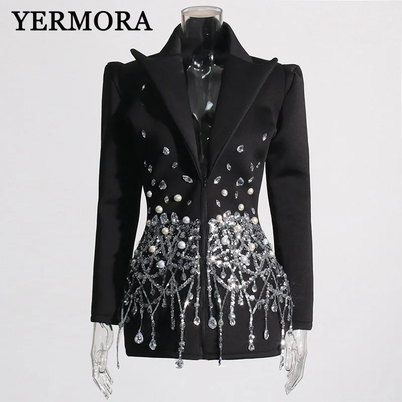 YERMORA Women Black Rhinestone Zipper Blazer Dress Lapel Long Sleeve Fashion Tide Loose Fit Spring Autumn 2025 New A210