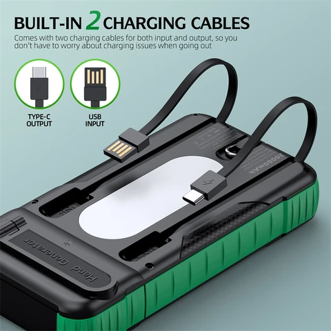 Ручная рукоятка Solar Power Bank 20000, водонепроницаемое портативное зарядное устройство Powerbank для iPhone, Samsung, Huawei, Xiaomi, внешняя запасная батарея