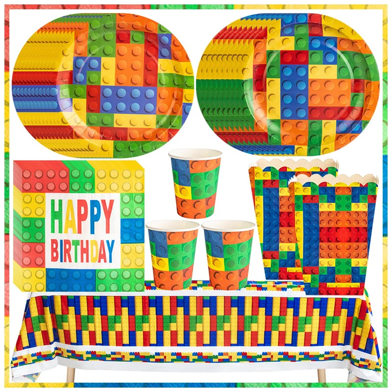 New Building Block Birthday Party Decoration Kit Colorful Building Block Paper Plates Napkins Cups Balloons Baby Shower Supplies