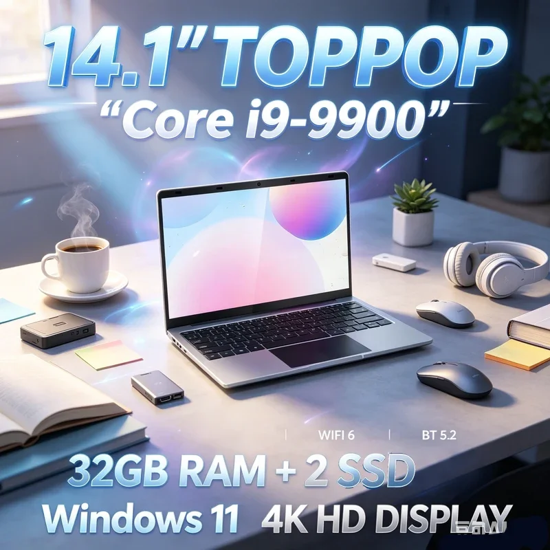 New 14.1 Intel Core i9-9900 Slim Laptop,32GB RAM 2TB NVMe SSD,Win11 Pro,WIFI6 BT5.2 4K HD Notebook for Gaming Work Study Design