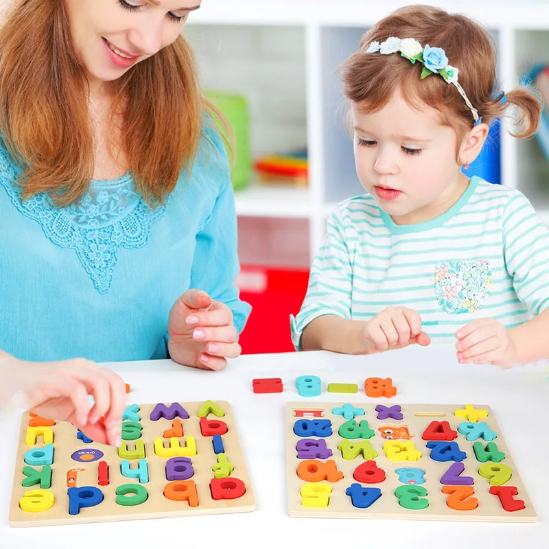 Montessori ปริศนาไม้ 3D ตัวอักษรที่มีสีสันจํานวนปริศนาการศึกษาของเล่นคณิตศาสตร์รูปร่างความรู้ความเข้าใจการจับคู่เกม