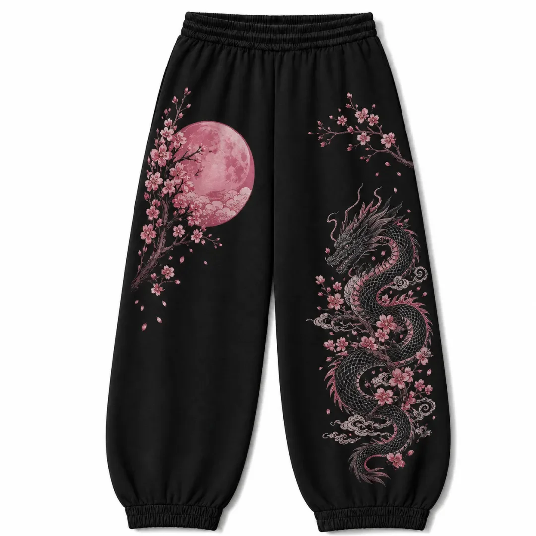 Japanese Dragon Cherry Blossom Sports Pants Pink Full Moon Cherry Blossom Oriental Dragon Printed Elastic Waist Casual Pants