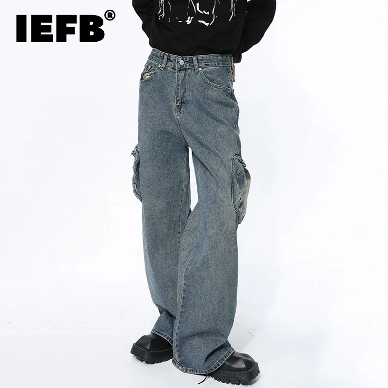 

IEFB High Street Washed Men's Jeans Gradient Color Large Pockets Male Denim Pants American Style Straight Overalls 9C4948