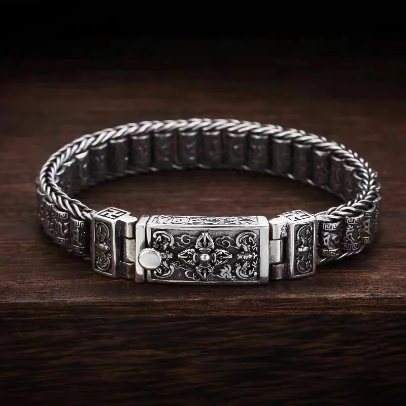 New Men's Retro 925 Silver Six-Character True Word Tranquilizer Silver Chain Hand Ornaments Personality Gift Bracelet