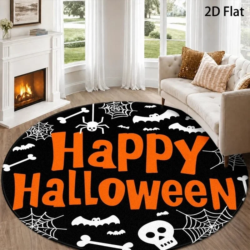 Happy Halloween Round Rug,Spider Web Bat Skull Bone Printed Circular Floor Mat,Halloween Holiday Indoor Home Decor Carpet