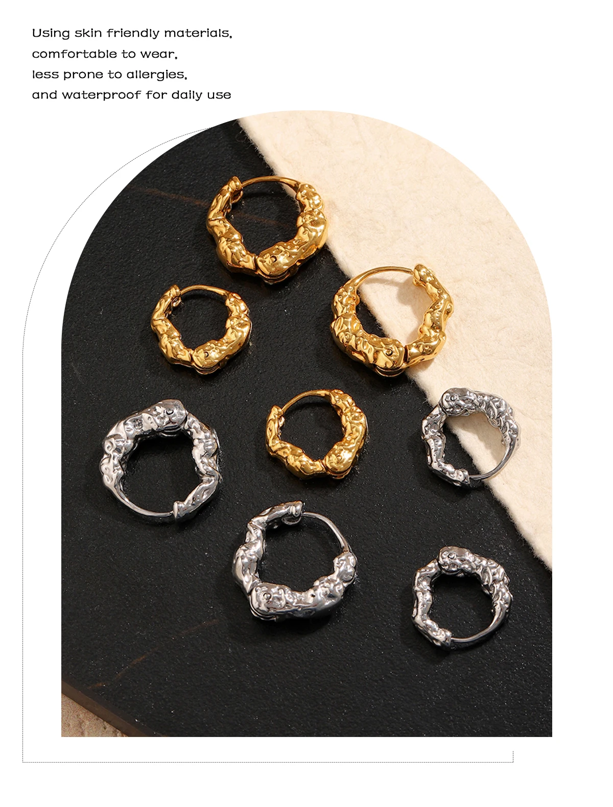 E.B.belle Minimalistische Creolen mit Hammer-Textur, hypoallergen, 18K vergoldeter Edelstahl, Damen-Modeschmuck – Detail 5