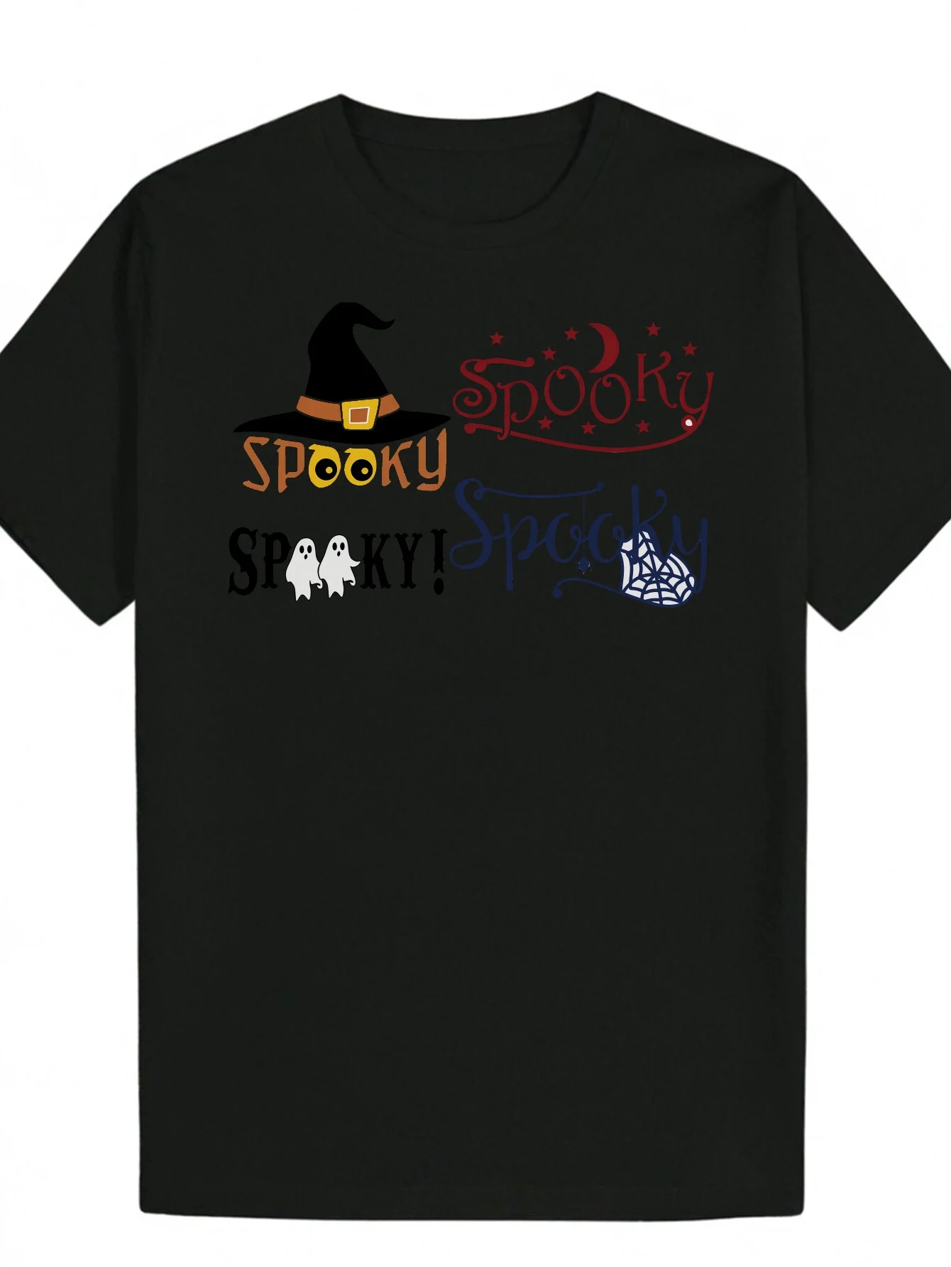 2026 Men'S Black Halloween Wizard Hat Graphic T-Shirt - Spooky Speak Design with Ghosts, Bats & Spooky Lettering, Casual Short S
