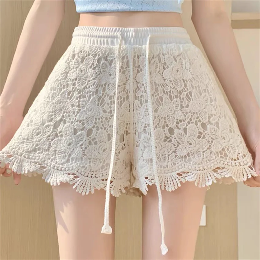 Gowyimmes 2025 New Summer Big Size Women Loose Hollow Out Lace Shorts Lady High Waist Thin Skirt Shorts Girl Streatwear Hot 1789