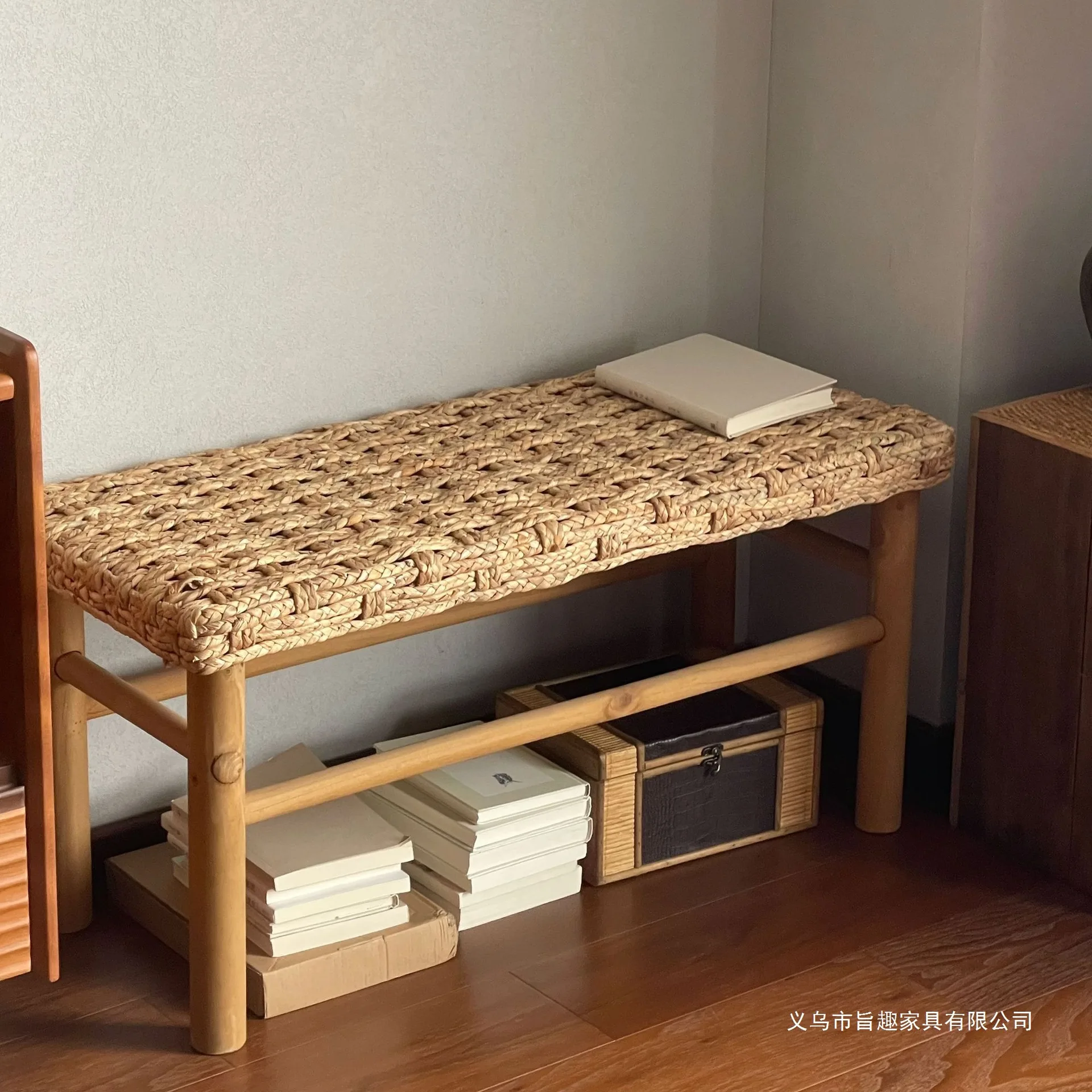 Solid wood rattan bench Household bench, entrance shoe change stool, bed and breakfast living room double bedside stool