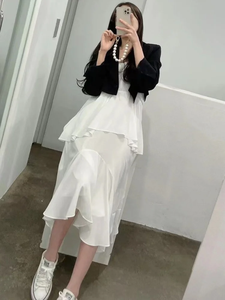 E verão com decote em v emenda dupla camada de renda underlay chiffon cinta vestido moda fena frou frou saia vestido