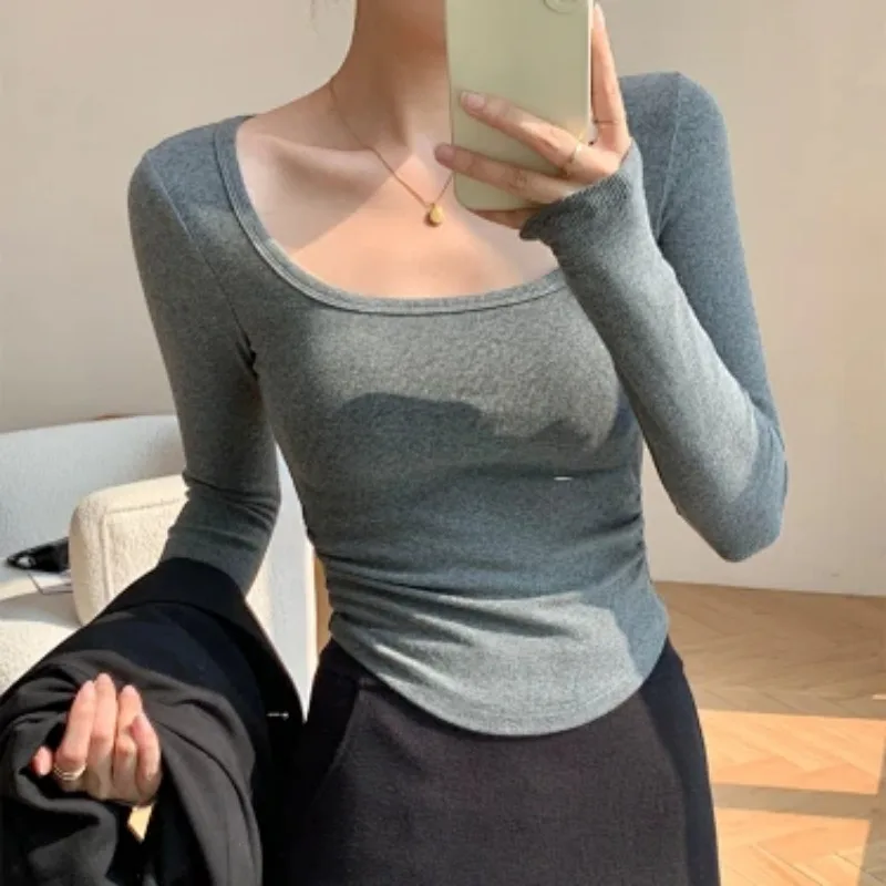 Women's U Neck Long Sleeve Ribbed Top Autumn Slim Fit Curved Hem Basic Tee Casual Inner Layer Shirt S XL