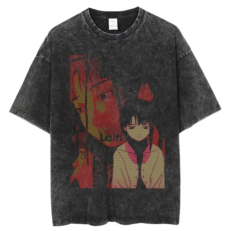 Camiseta lavada Vintage de Anime Serial Experiments Lain, camiseta de verano para hombres y mujeres, camisetas de manga corta de gran tamaño Harajuku de algodón