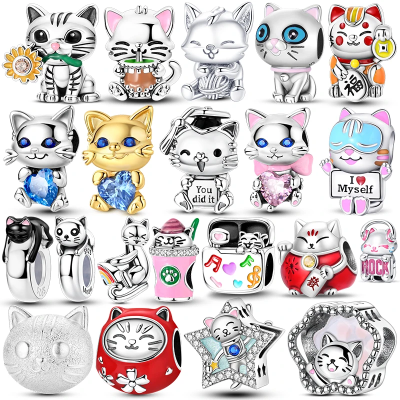 Original 925 Silver Cute Cartoon Cat Charm Beads Fits 3mm Bracelet Necklace For Women Luxury DIY Jewelry Making Daily Fine Gifts