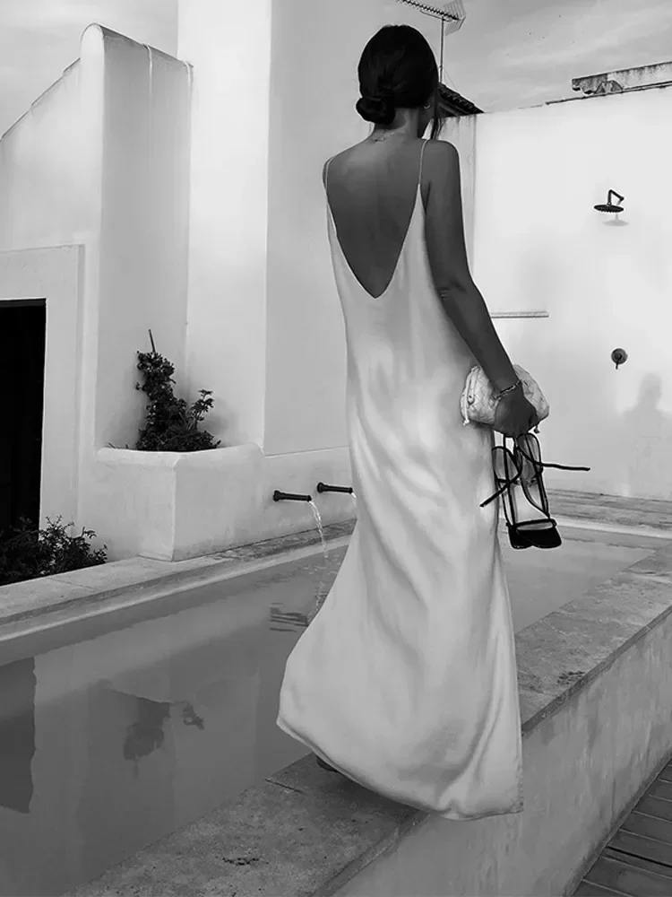 Elegante V-Hals Vrouwen Split Maxi Jurk Mode Backless Mouwloze Sling Jurken 2024 Zomer Vrouwelijke Witte Strandvakantie Gewaden