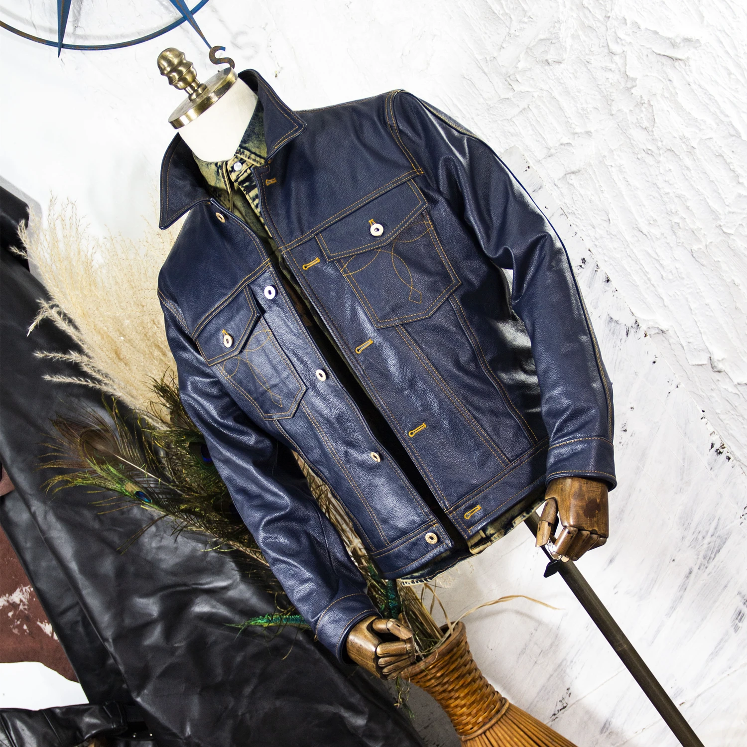 Rider101 Genuine Leather Jacket Blue Denim Short Slim Fit High Rise Biker Coat Men's Fashion Urban Style Spring Coat