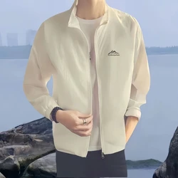 New Sunscreen Men's 2024 Splicing Stand Collar Printed Letter Zipper Pocket Fashion Solid Versatile Loose Long Sleeve Jackets
