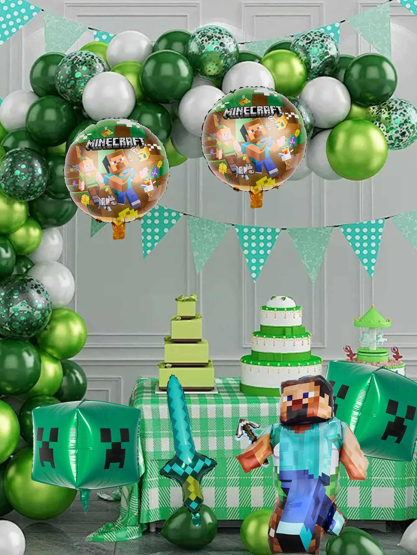 Pixel Block Adventurer Themed Birthday Balloon Decor Bundle, Boys Party Balloon Set for Home Birthday Scene