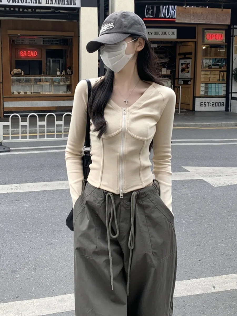 Calças de Trabalho Femininas de Dança Jazz de Outono com Zíper Duplo e Top Base Estilo Americano