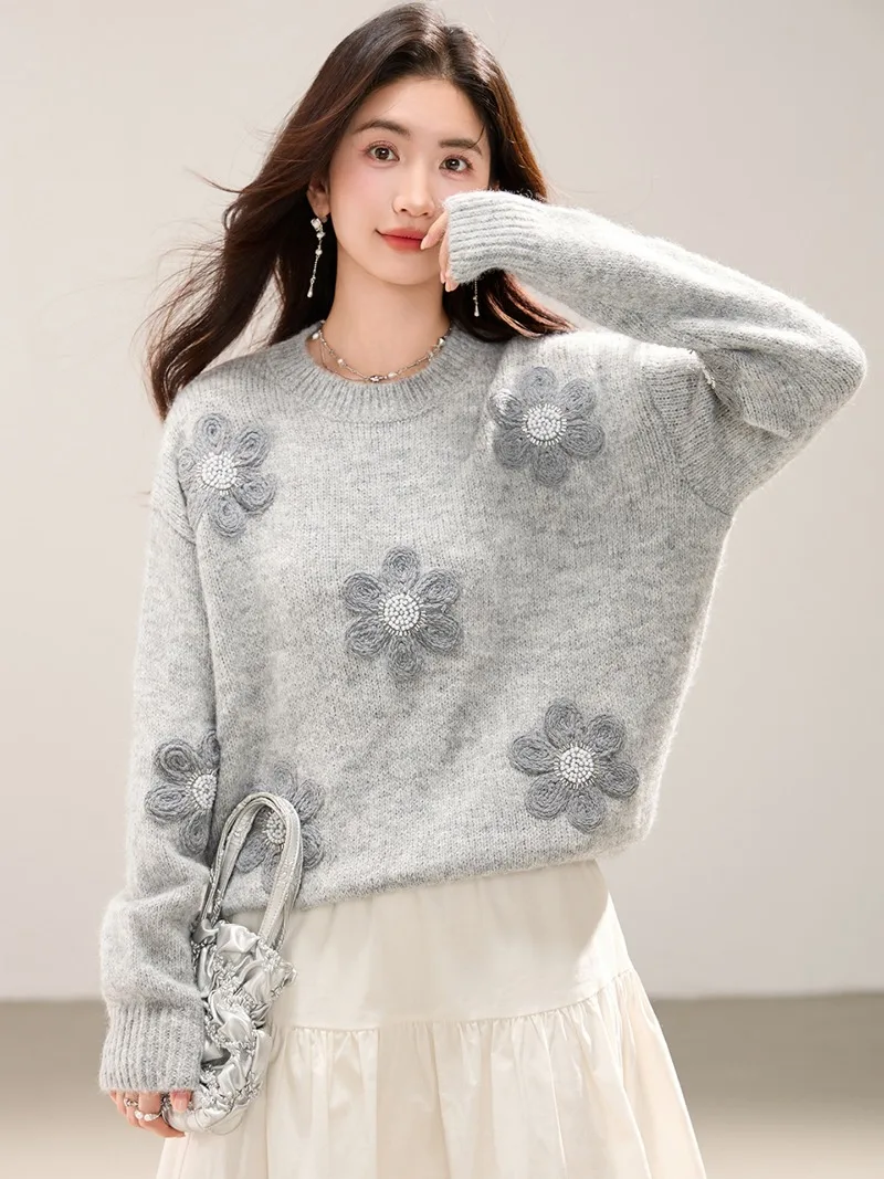 

Осень-зима, трехмерный цветочный свитер, женский корейский ленивый стиль, шикарный пуловер с круглым вырезом и длинными рукавами, трикотаж, топы, джемпер