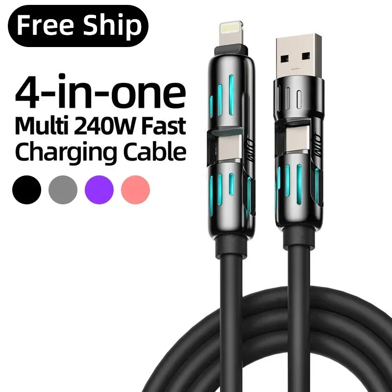 240W 4 en 1 Cable de datos de aleación de aluminio de silicona líquida USB tipo C de carga súper rápida funcional para iPhone Huawei Samsung Xiaomi