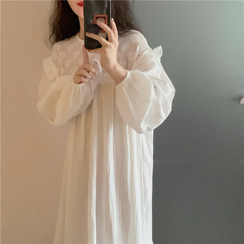 

Heart Print Women's Summer Spring Night Dress Long Sleeve Ladies Nightgowns Lace Crepe Loose Patchwork Nightdress for Female