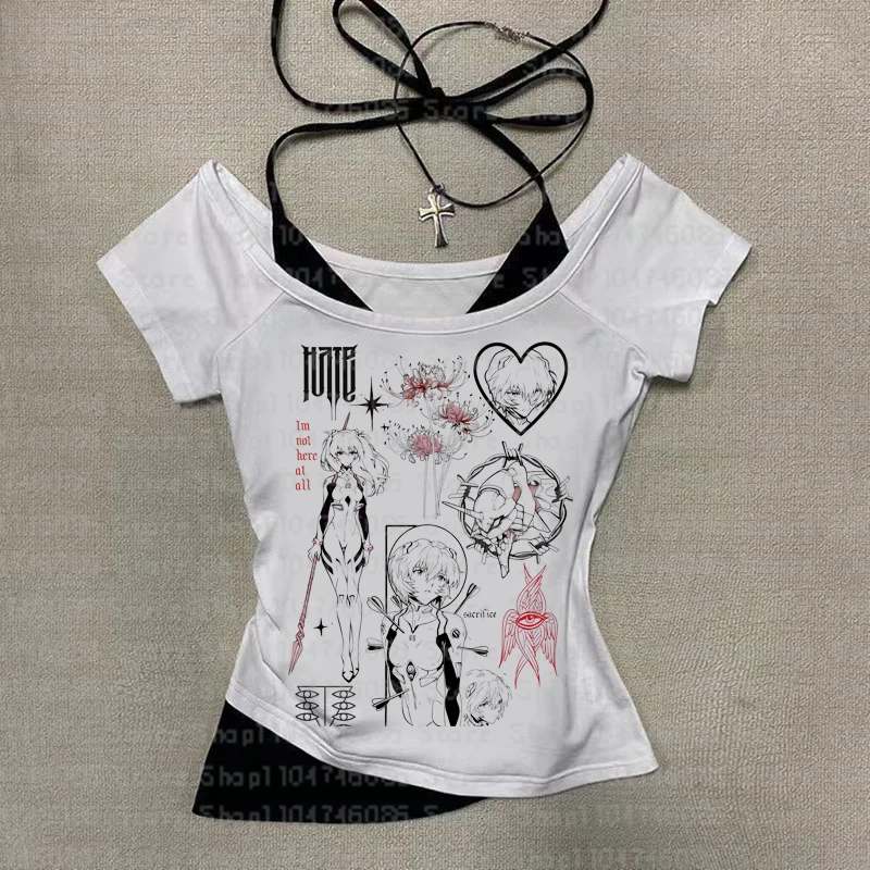 

Vintage Fake Two Piece Halter Lace Up T-shirts Y2k Slim Fit Print Tops Women Off Shoulder Short Sleeve Tee Anime printing