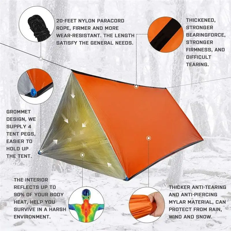 2 Person Emergency Shelter Survival Bivy Tube Tent Kit Thermal Blanket SOS Sleeping Bag Waterproof Survival Equipment