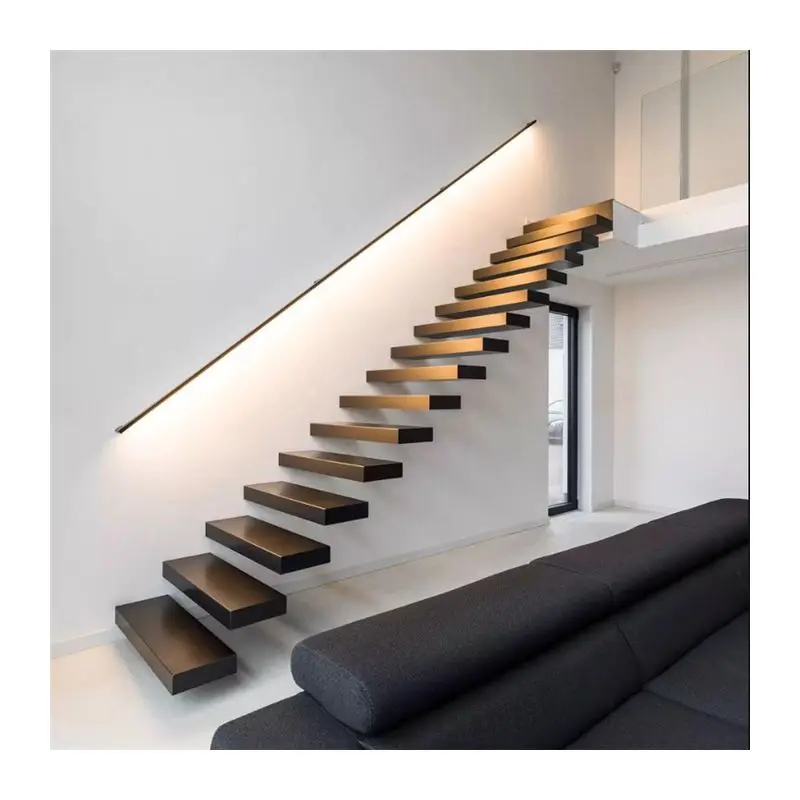 Customize.Comtemporaty Floating Stairs Tempered Glass Railing Wooden Staircase Modern Style Floating Staircase