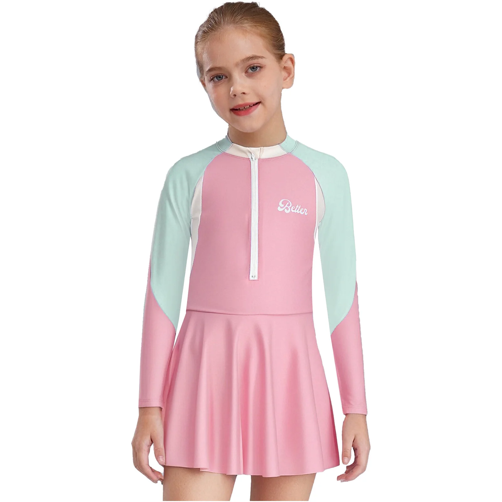 Kids Girls 2-Piece Rash Guard Swimsuit Sun Protection Bathing Suit Beach Swimwear Long Sleeve Front Zipper Dress with Shorts