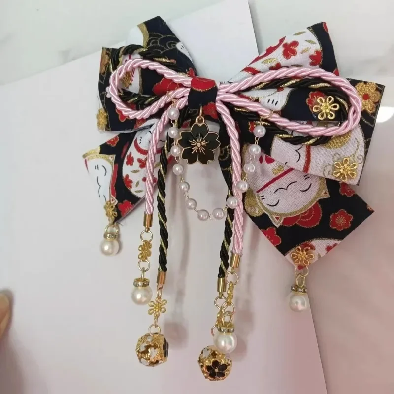 Japanese Lolita Style Hair Clip Hot Stamped Cherry Blossom Bow Tassel Trim Cute Hair Accessory for Girls
