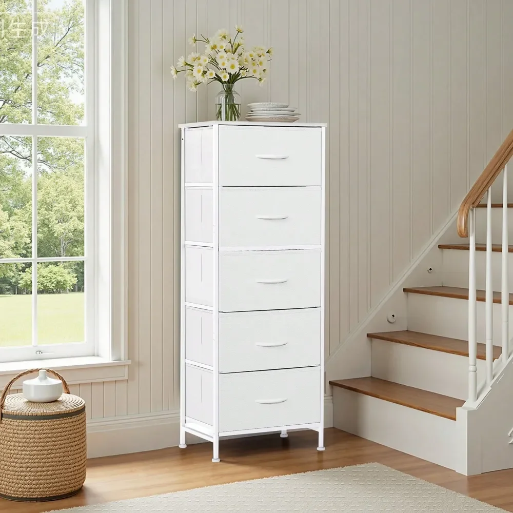 

Комод Sweetcrispy с 5 ящиками и тканевыми корзинами, прочным стальным каркасом и деревянной столешницей, органайзер для хранения вещей для спальни, гардеробной, прихожей