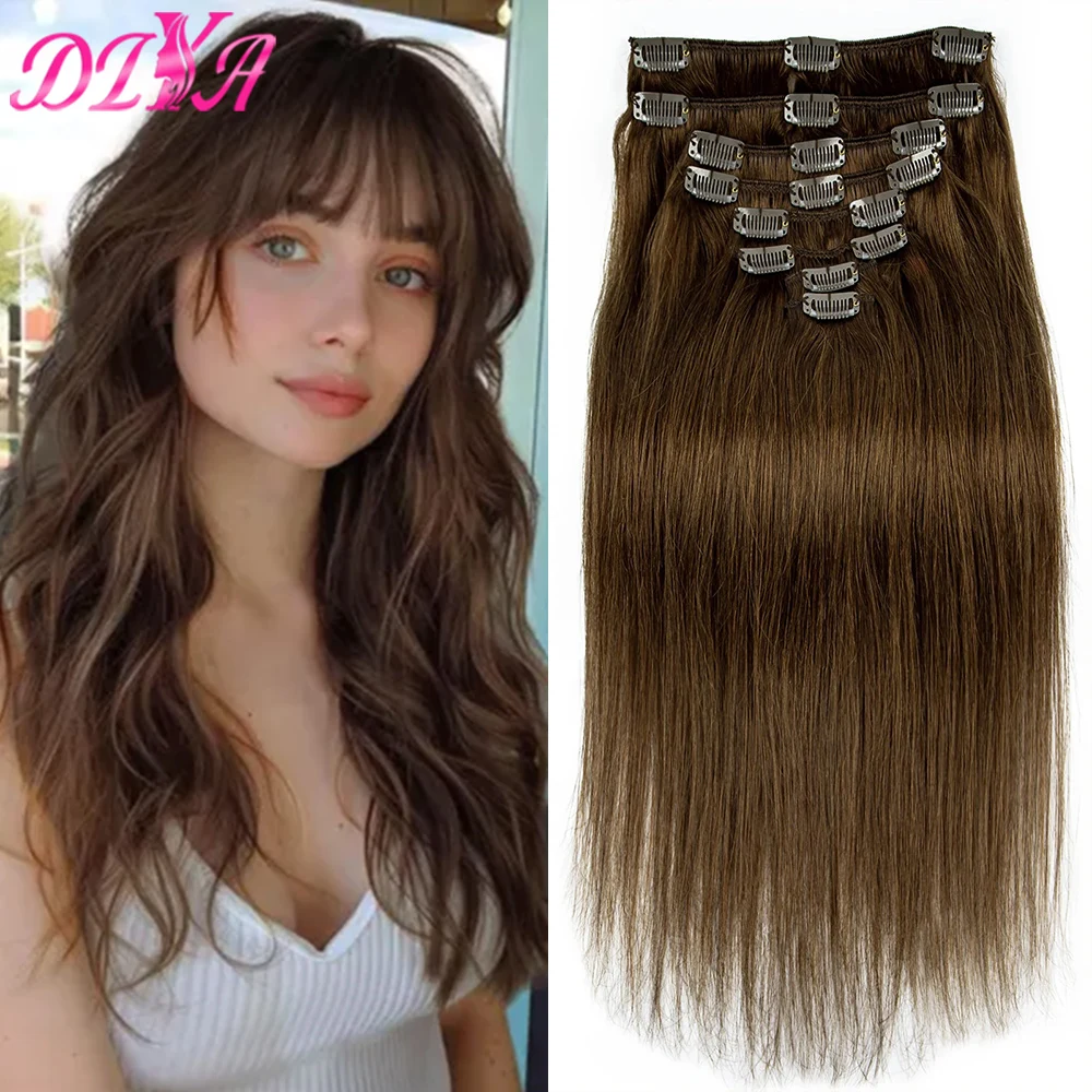 Sraight Brown Clip in Human Hair Extension 8 Pcs Full Head Hair Clips 100% Real Hair Natura Color Hair Extension