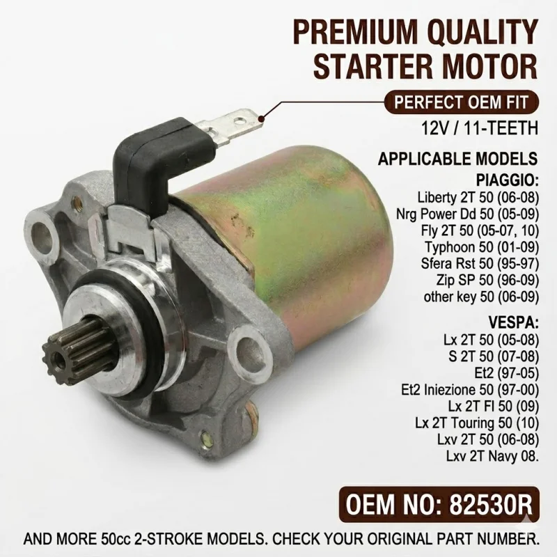 

11 Teeth Electric Starter Motor for Piaggio Fly Liberty NRG Typhoon Vespa LX 50 Zip 50cc 2T 4T, Replace 82530R IP33165 246390010