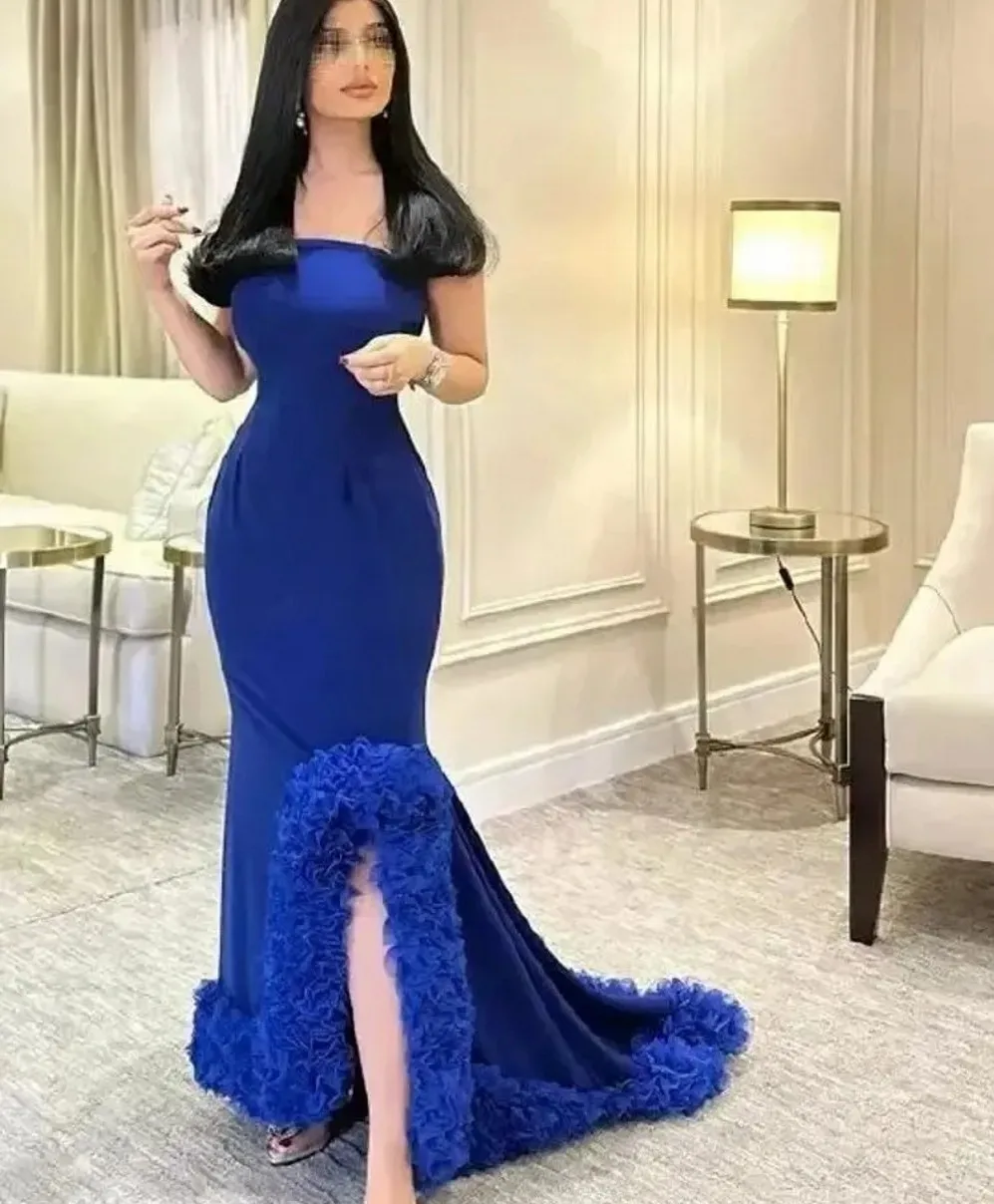 

Элегантное королевское синее вечернее платье русалки 2026 без бретелек с оборками по бокам, длинные атласные платья для выпускного вечера, вечерние платья Vestidos De Gala