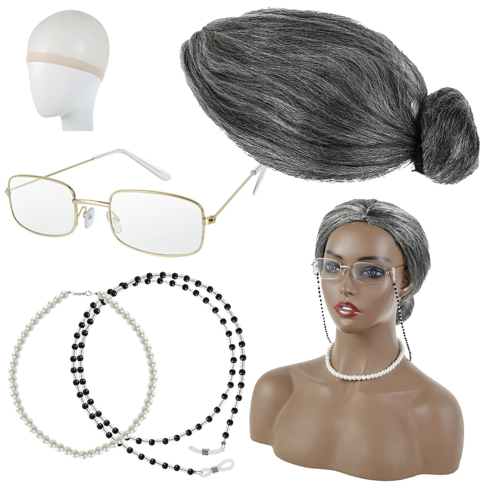 Disfraz De Abuela – Juego De 9 Piezas Con Peluca Gris, Gorro, Gafas Con Cadena, Collar Y Pulsera De Perlas, Pendientes Y Bastón Inflable