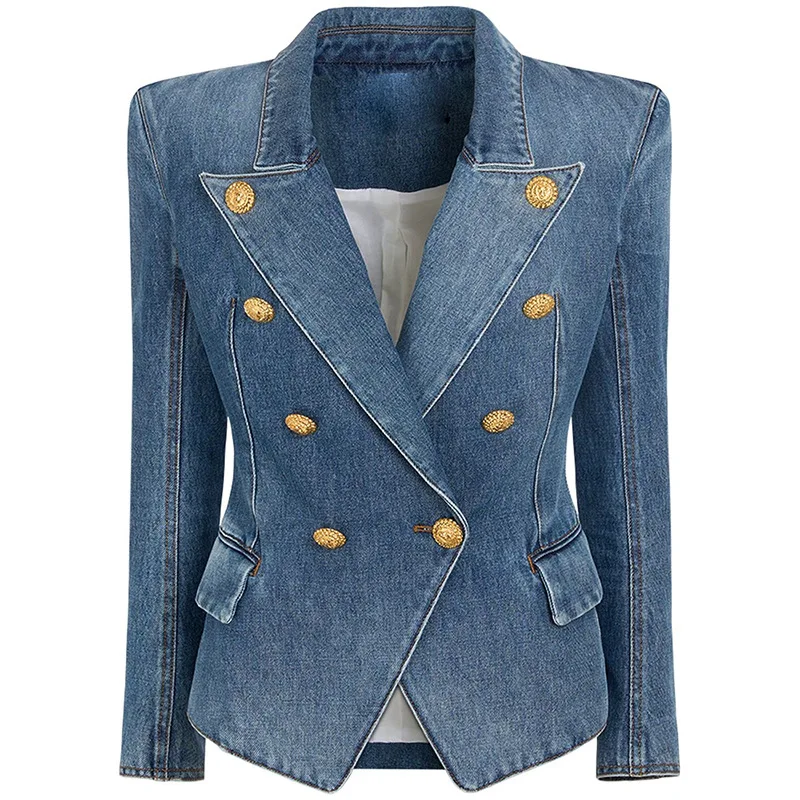 women\'s denim two piece v neck lapel double breasted blazer jacket coat high waisted packeted hip mini skirt jumpsuit