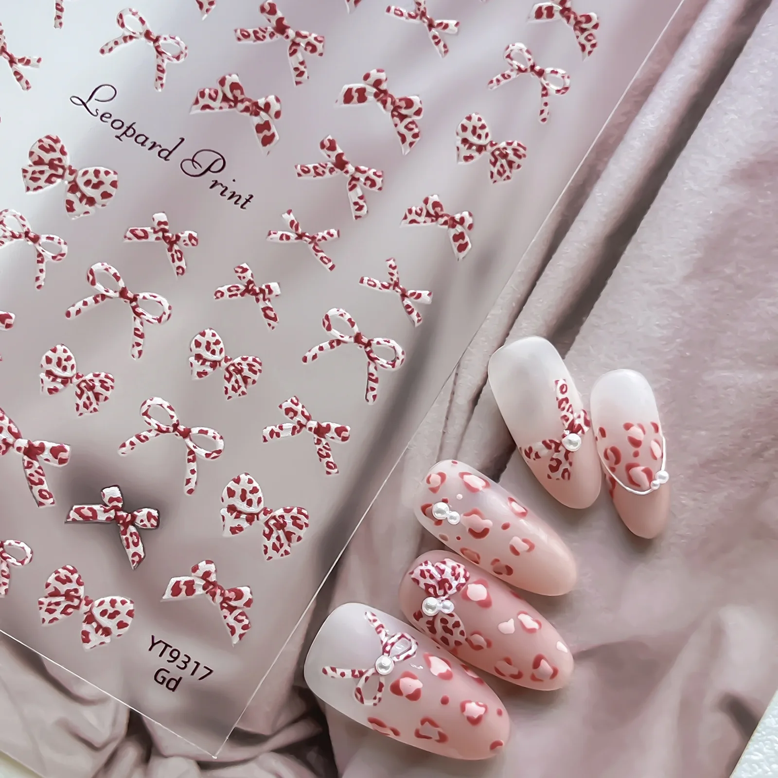 5D Jelly Leopard Print Bow Nail Stickers Pink Brown Black Vintage Polka Dot Bowknot Ribbon Decals DIY Manicure Decor Accessories