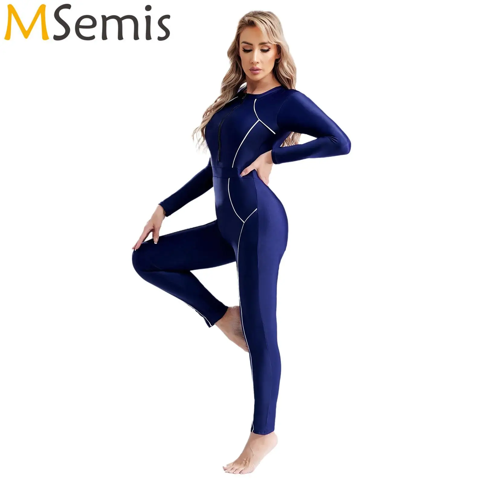 Womens One Piece Zip Front Rash Guard Swimsuit Full Body Long Sleeve Chest Pads Conservative Swimsuit UPF 50+ Wetsuit Swimwear