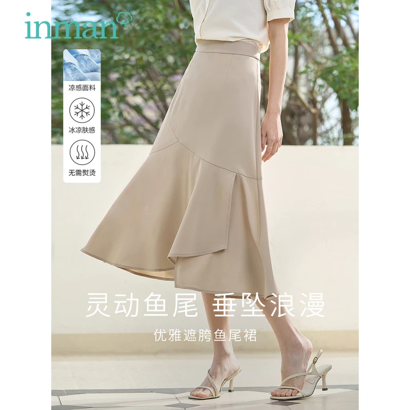 

INMAN Women Skirt 2023 Summer High Waist A-shaped Slim Irregular Hem French Elegant Khaki Coffee Mid-length Fishtail Skirt