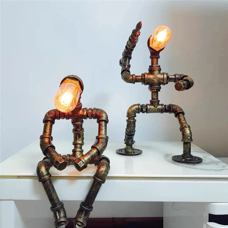 Iron Robot LED Desk Lamps Water Pipe  Art Tube LOFT Edison Industry Vintage Table Lights for Coffee Bar Bedroom Night Lighting