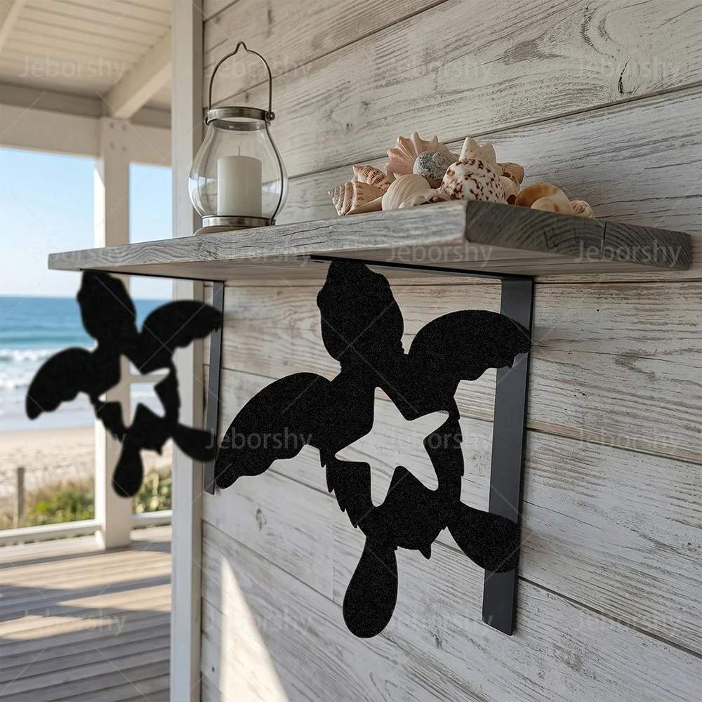 2pcs Ocean Theme Metal Shelf Brackets L-Shaped Wall Mounted Storage Rack Requires Drilling for Kitchen Bathroom Living Room