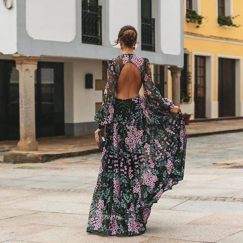 Elegant 2025 Hollow Backless A-Line Dress Women High Waist Floral Printed Evening Dress Spring Casual Long Sleeve Pleated Dress