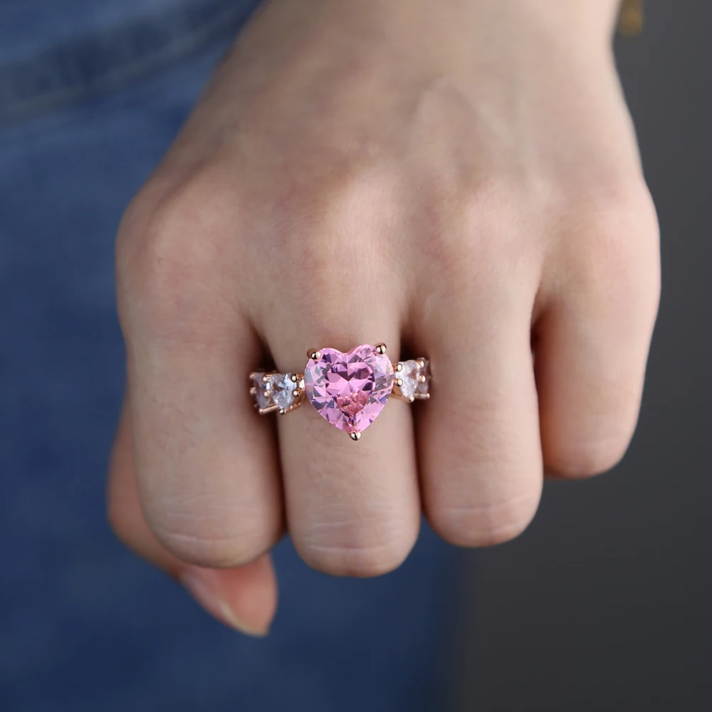Rose gold Color white pink cz heart wedding engagement ring for women Full heart cz eternity band finger jewelry