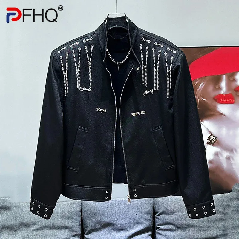 

PFHQ Men's Jacket Autumn Winter Korean New Metal Chain Decorative Design Casual 2024 Darkwear Male Coat New Fashion