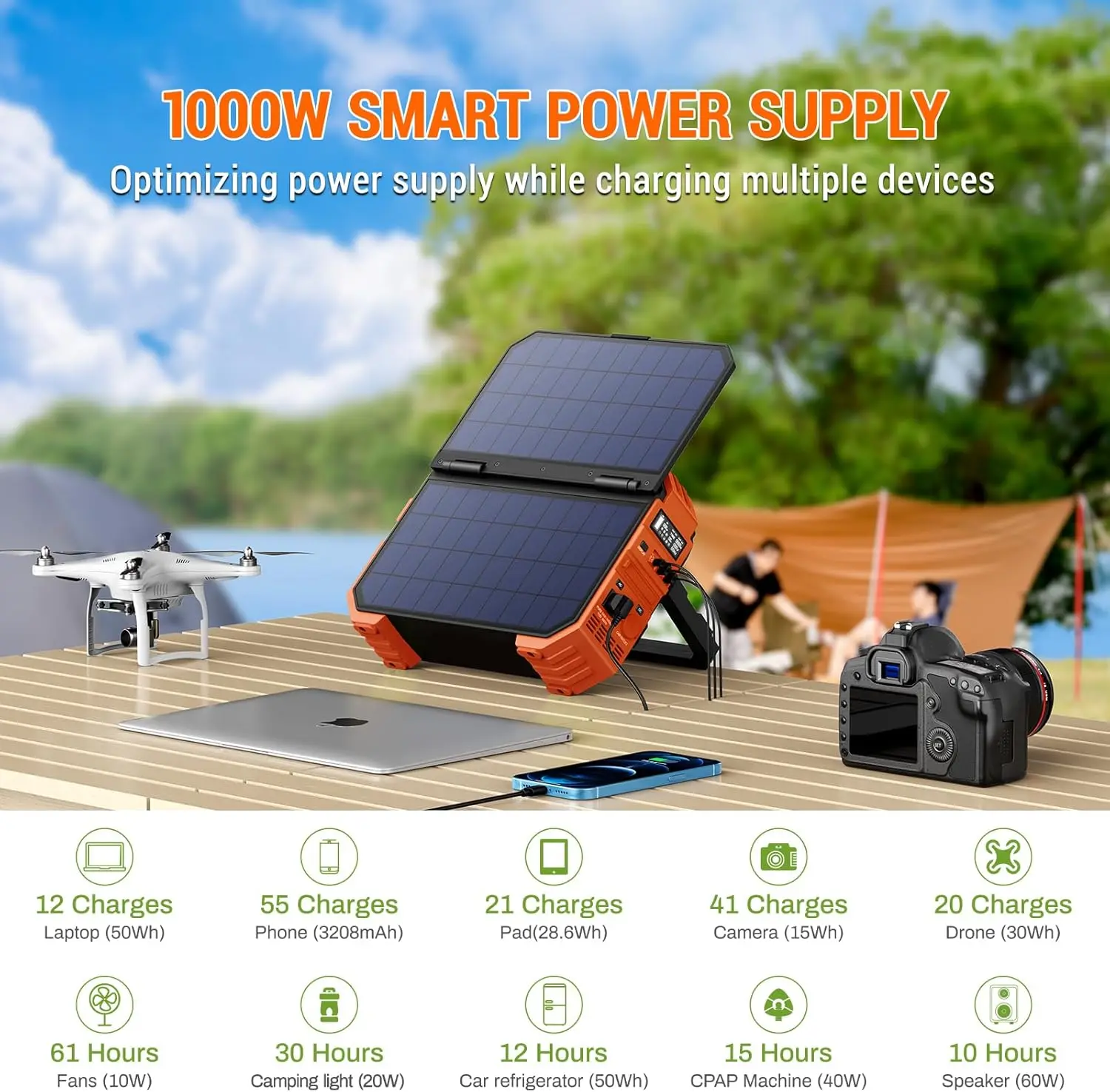 Portable Power Station 1000W with Built-in Solar Panel, 614WH/192000mAh LiFePO4 Battery Pack, Solar Generator